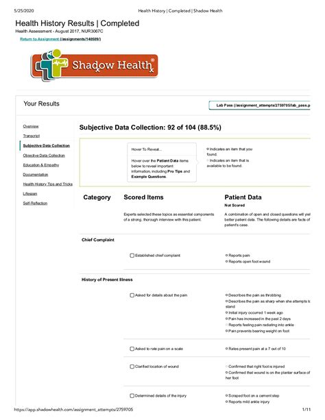 Comprehensive Assessment Results | Turned In. . Shadow health comprehensive assessment objective data
